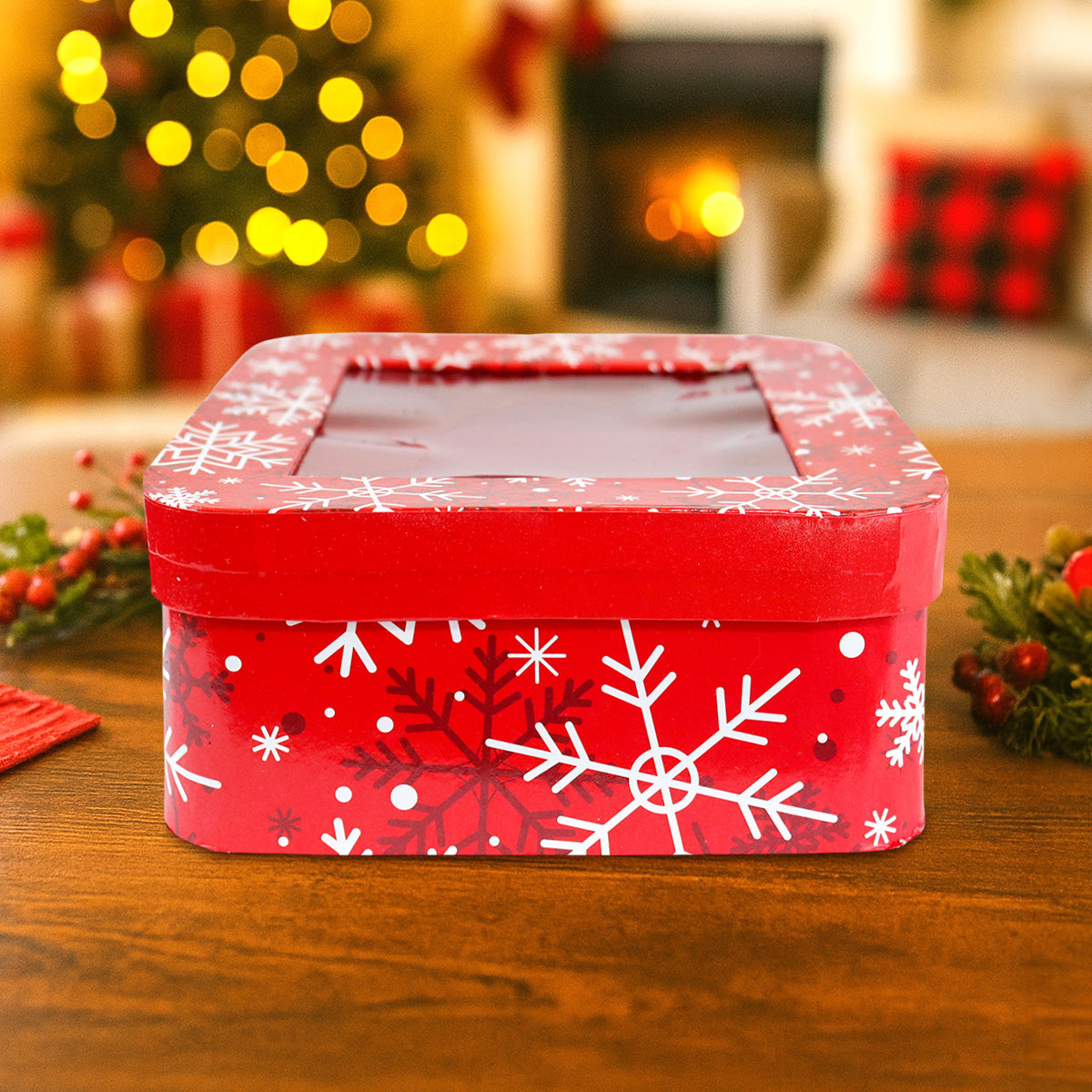 Caja Cuadrada Multiusos Navideña con Ventana, Color Rojo