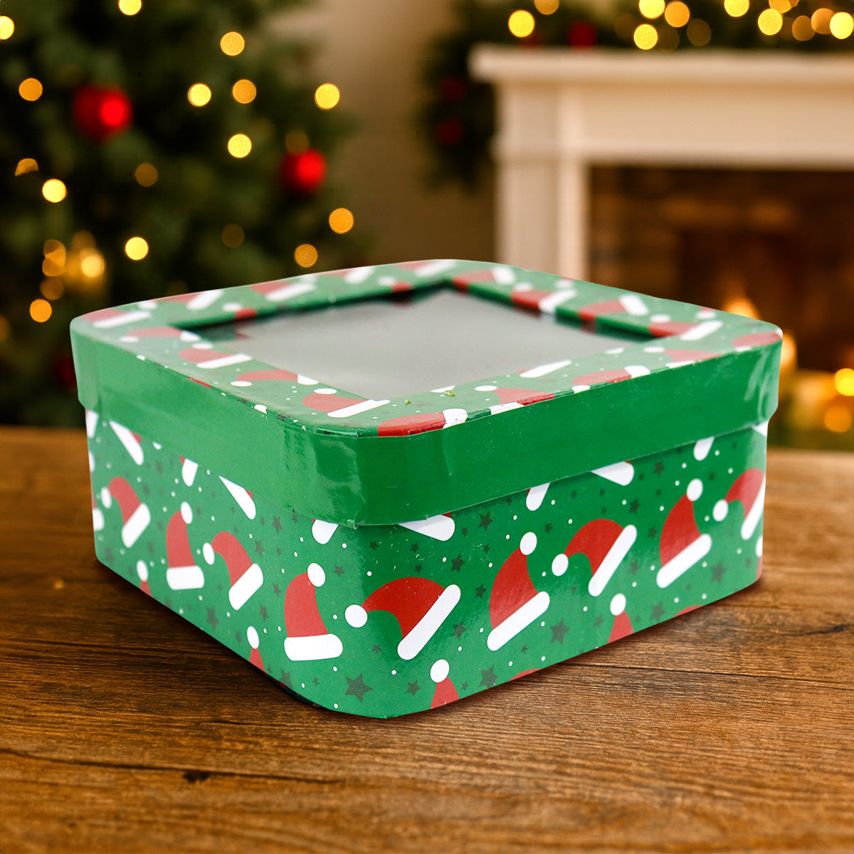 Caja Cuadrada Multiusos Navideña con Ventana, Color Verde