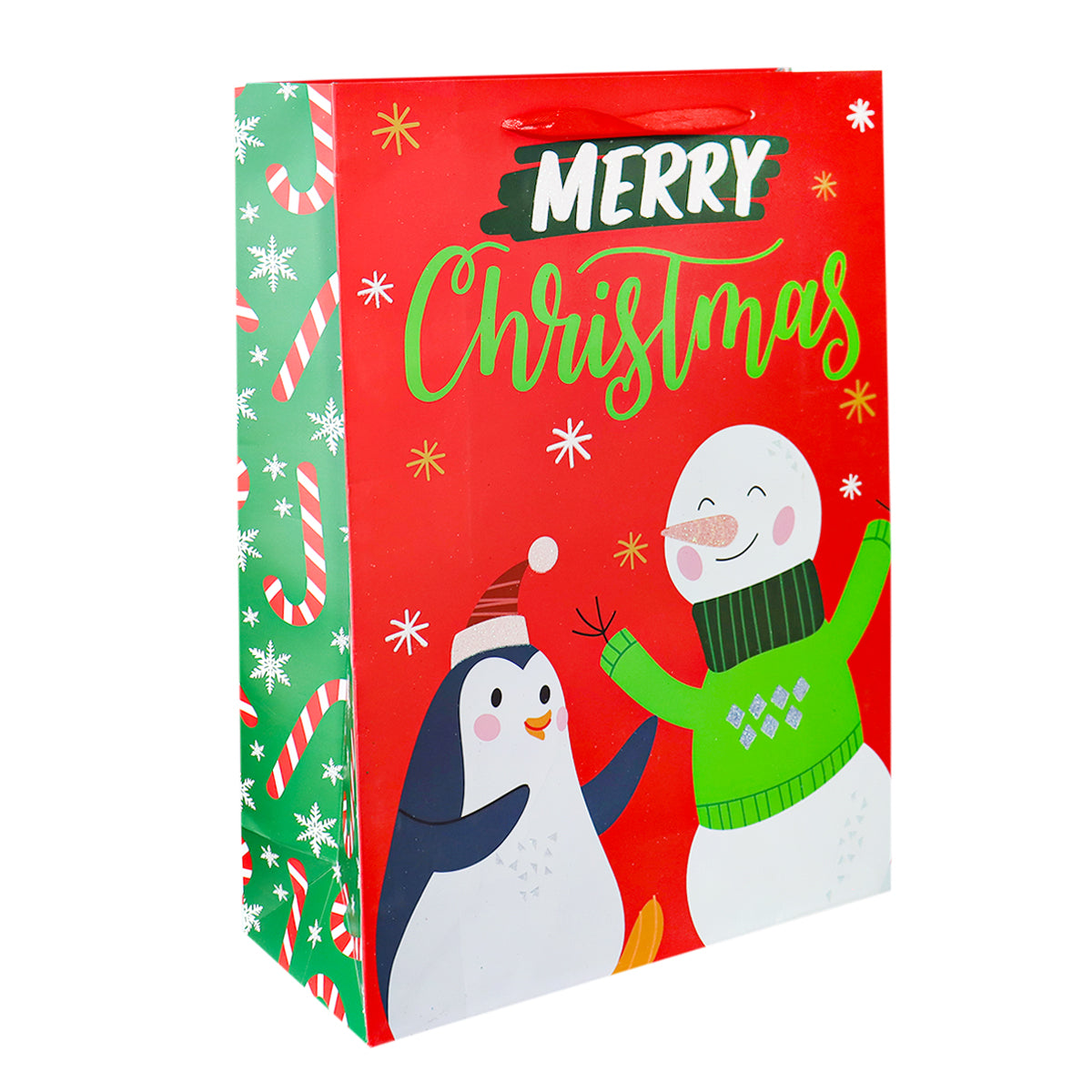 Bolsa de Regalo Navideña Grande, Diseño Snowman, Color Rojo