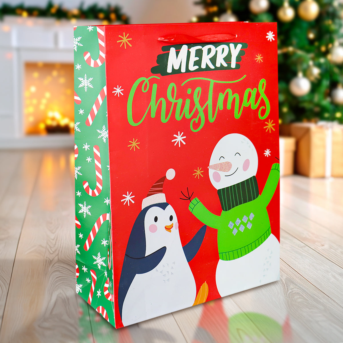 Bolsa de Regalo Navideña Grande, Diseño Snowman, Color Rojo