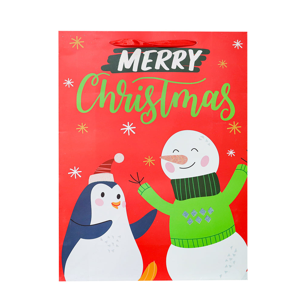 Bolsa de Regalo Navideña Grande, Diseño Snowman, Color Rojo