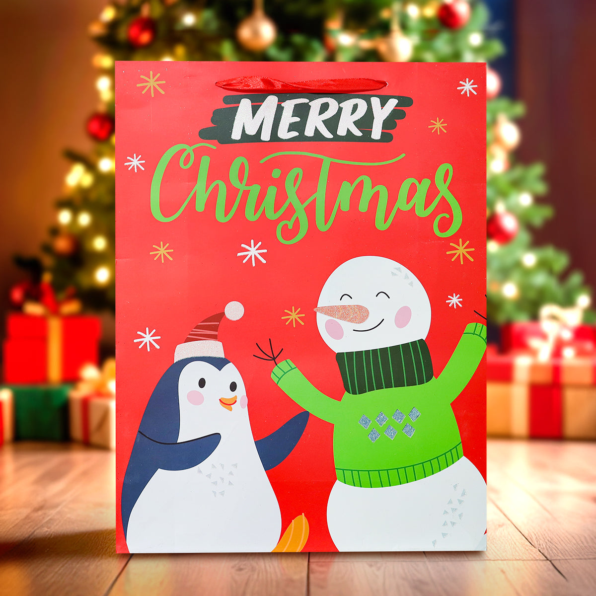 Bolsa de Regalo Navideña Grande, Diseño Snowman, Color Rojo