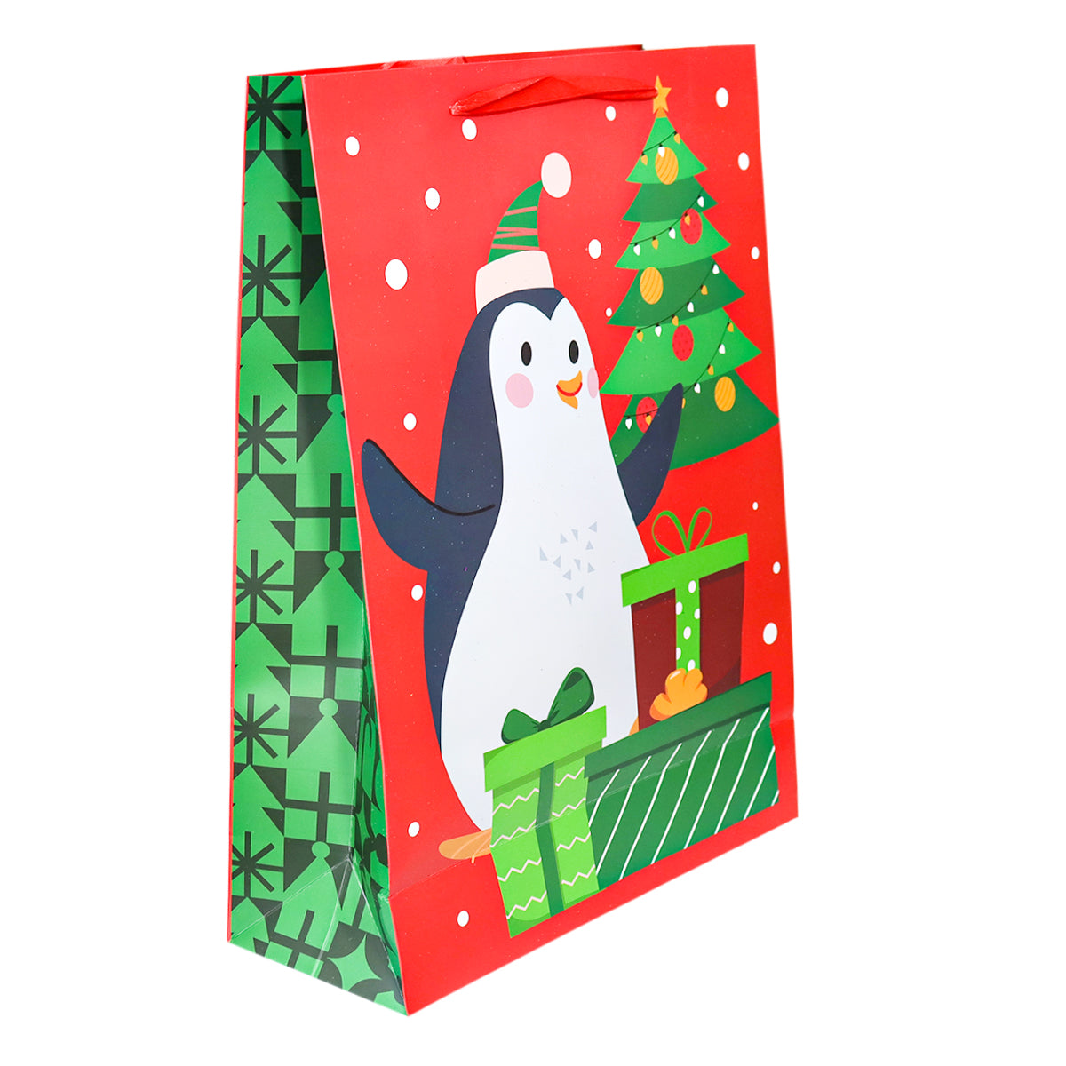 Bolsa de Regalo Navideña Grande, Diseño Pingüino, Color Rojo