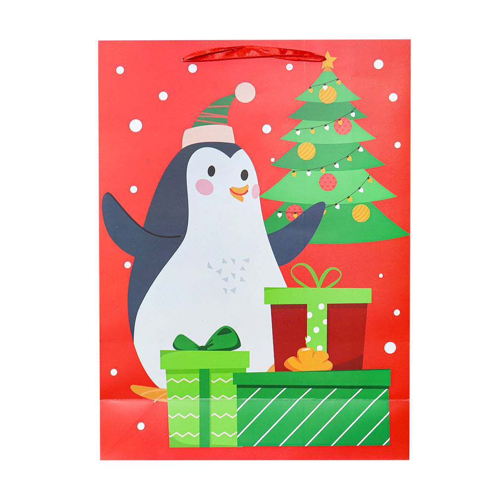 Bolsa de Regalo Navideña Grande, Diseño Pingüino, Color Rojo