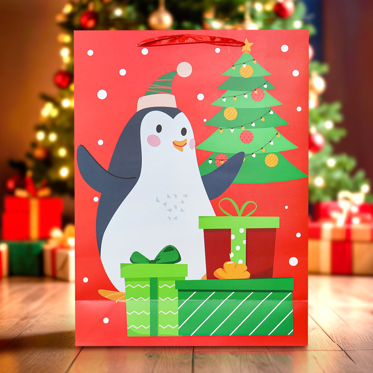 Bolsa de Regalo Navideña Grande, Diseño Pingüino, Color Rojo