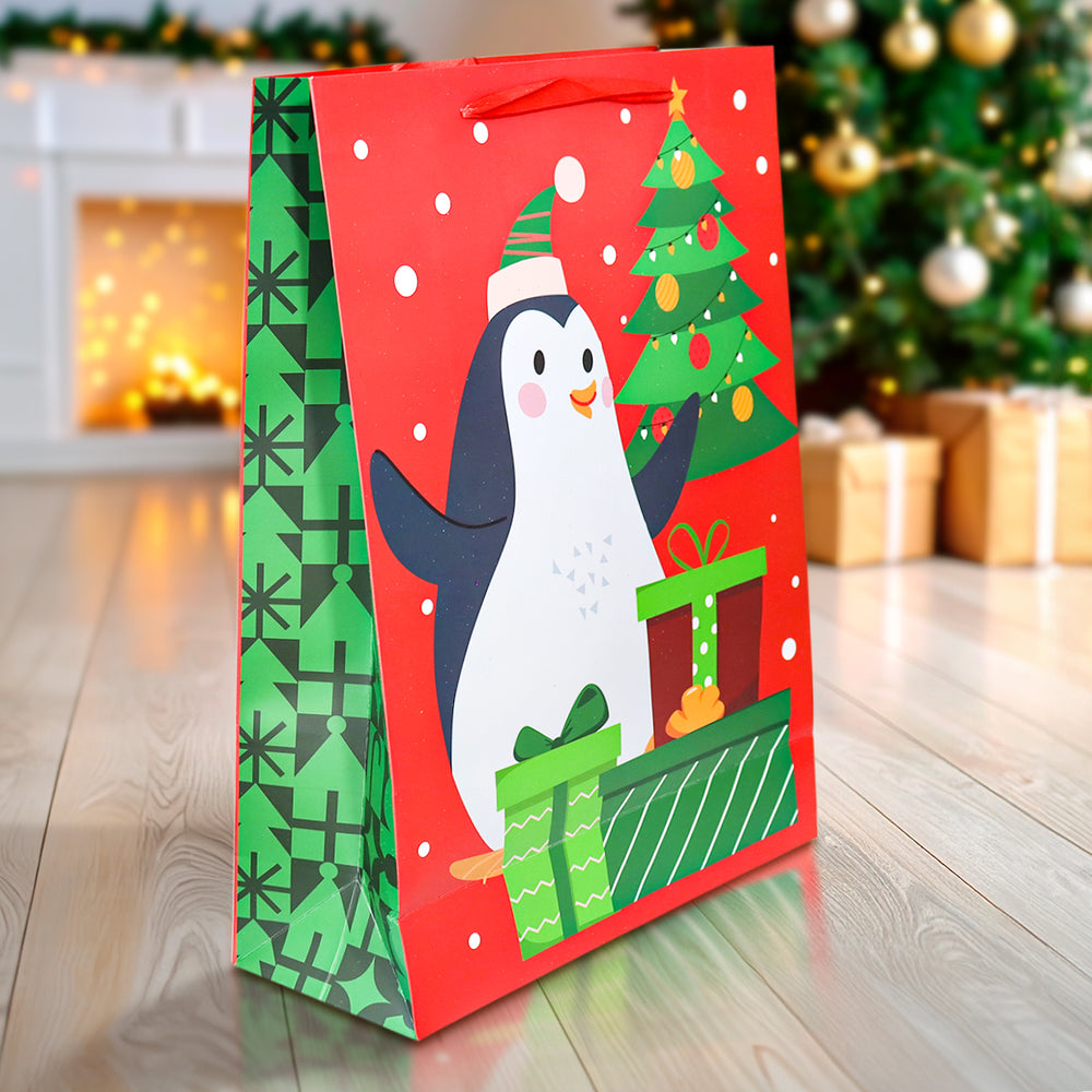 Bolsa de Regalo Navideña Grande, Diseño Pingüino, Color Rojo