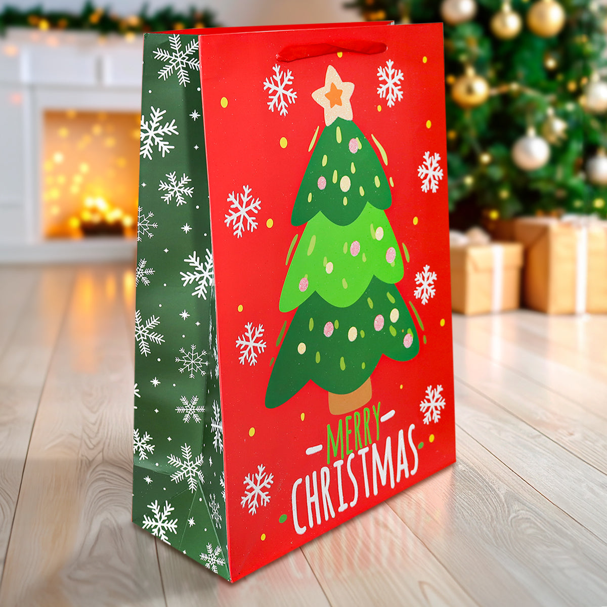 Bolsa de Regalo Navideña Grande, Diseño Pino, Color Rojo