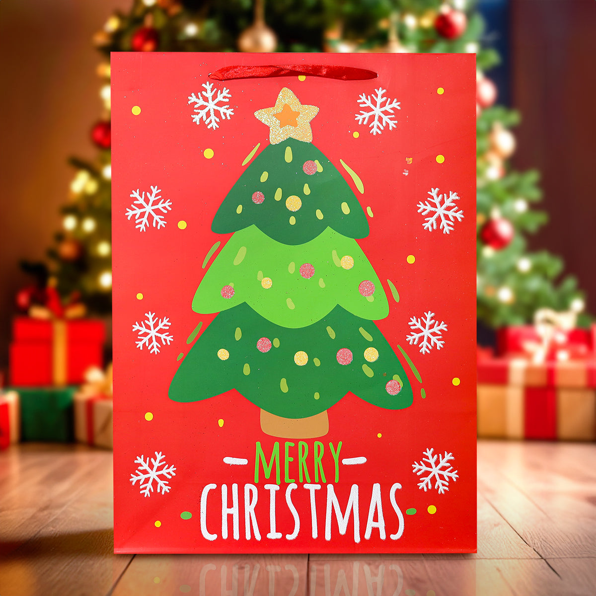 Bolsa de Regalo Navideña Grande, Diseño Pino, Color Rojo