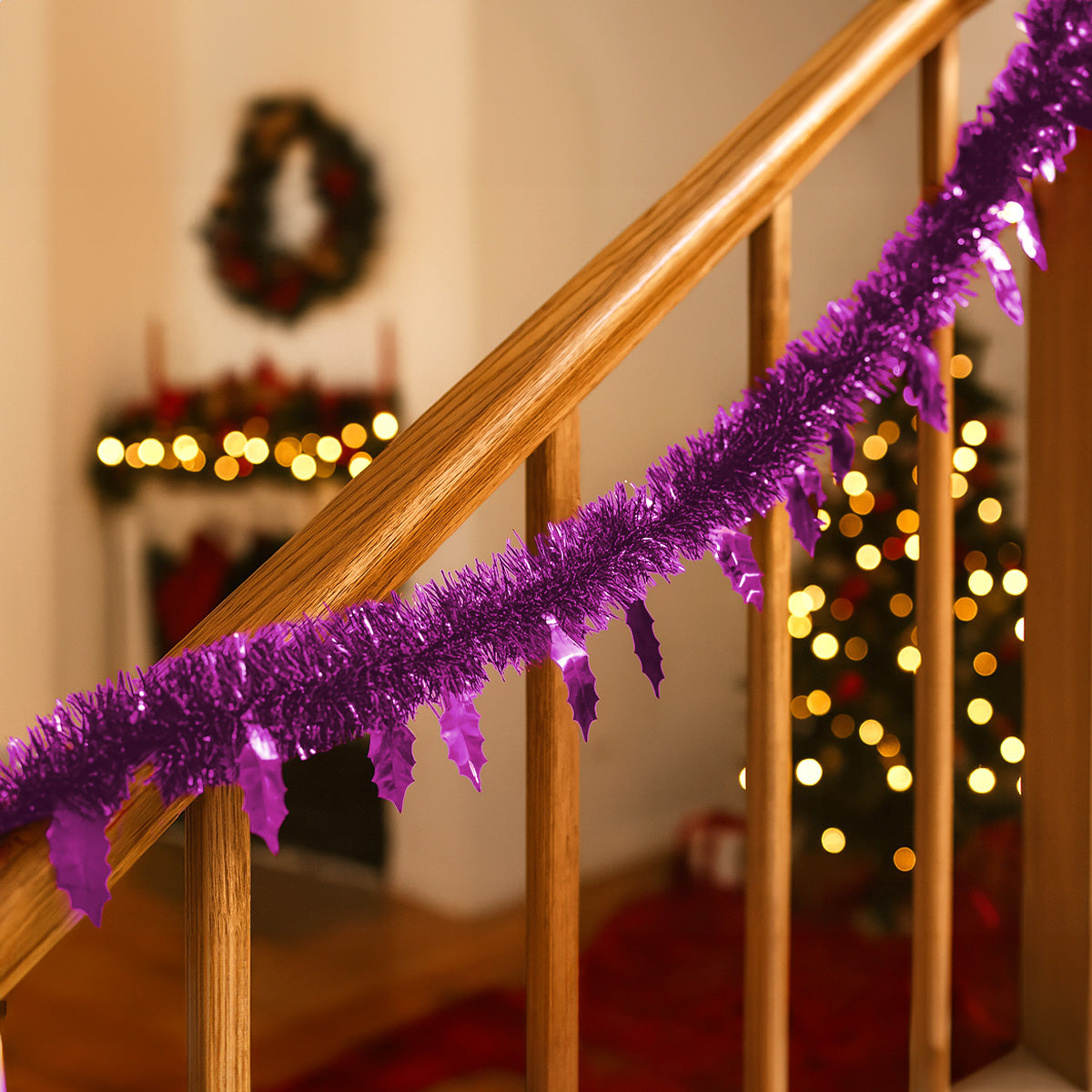 Guirnalda Navideña Brillante, Detalles Hojas, Color Morado