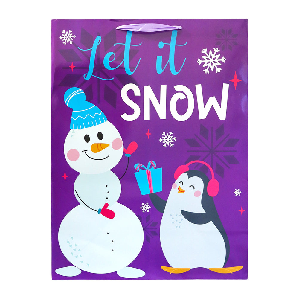 Bolsa de Regalo Navideña Grande, Diseño Snowman, Color Morado