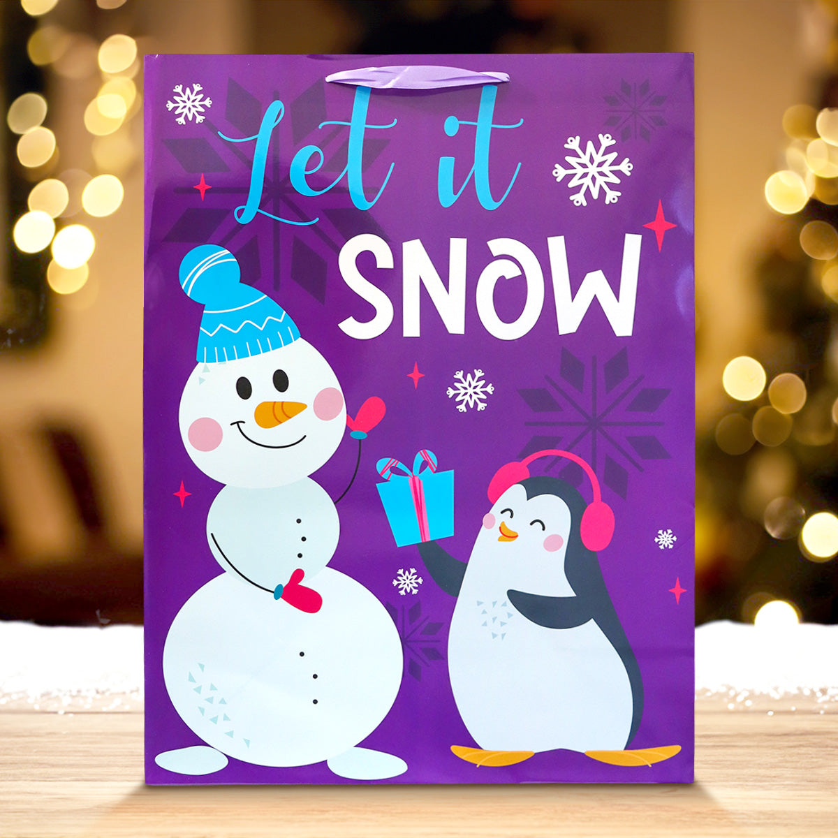 Bolsa de Regalo Navideña Grande, Diseño Snowman, Color Morado