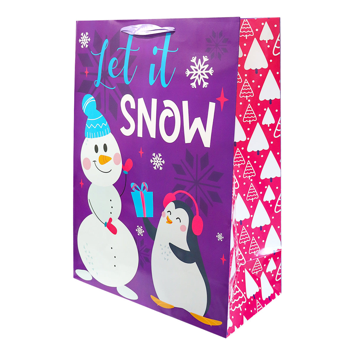 Bolsa de Regalo Navideña Grande, Diseño Snowman, Color Morado