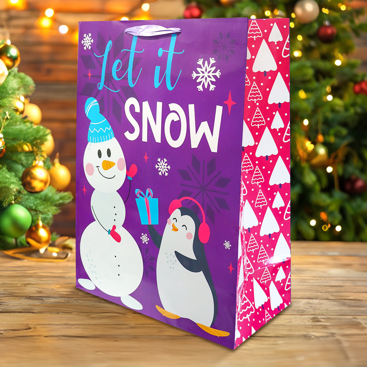 Bolsa de Regalo Navideña Grande, Diseño Snowman, Color Morado