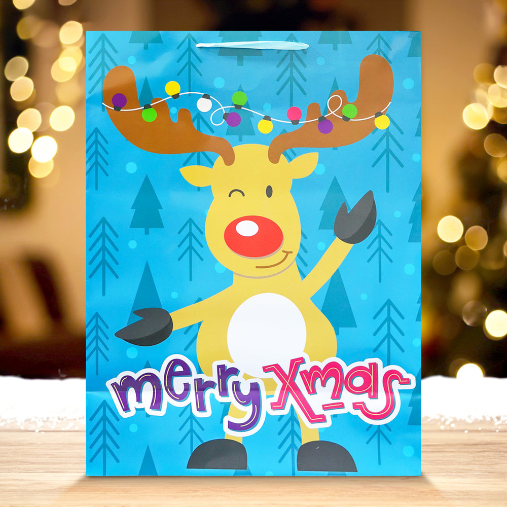 Bolsa de Regalo Navideña Grande, Diseño Reno, Color Azul