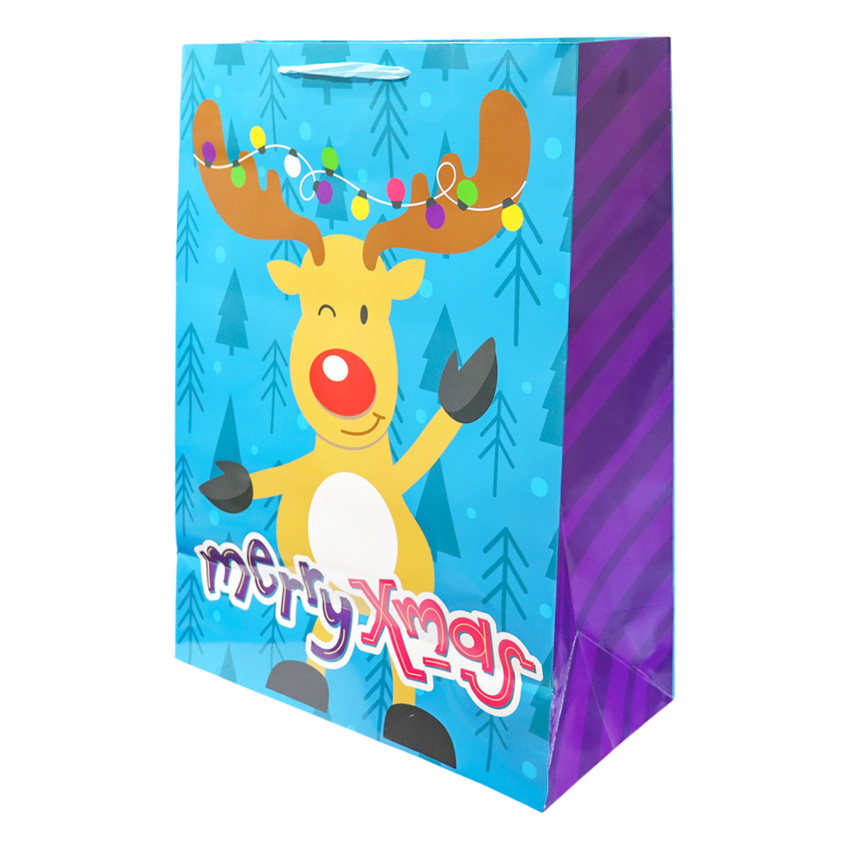 Bolsa de Regalo Navideña Grande, Diseño Reno, Color Azul