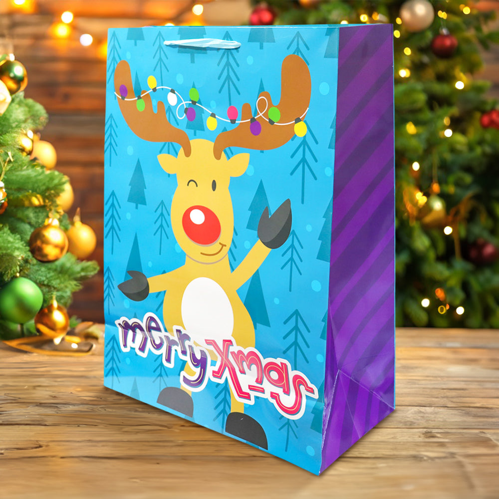 Bolsa de Regalo Navideña Grande, Diseño Reno, Color Azul