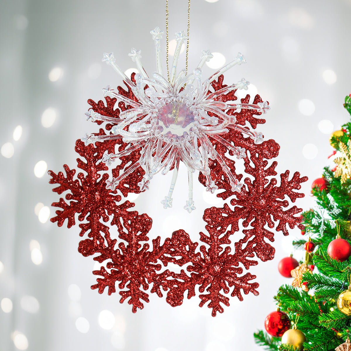Copo de Nieve con Glitter y Adorno Plástico, Color Rojo
