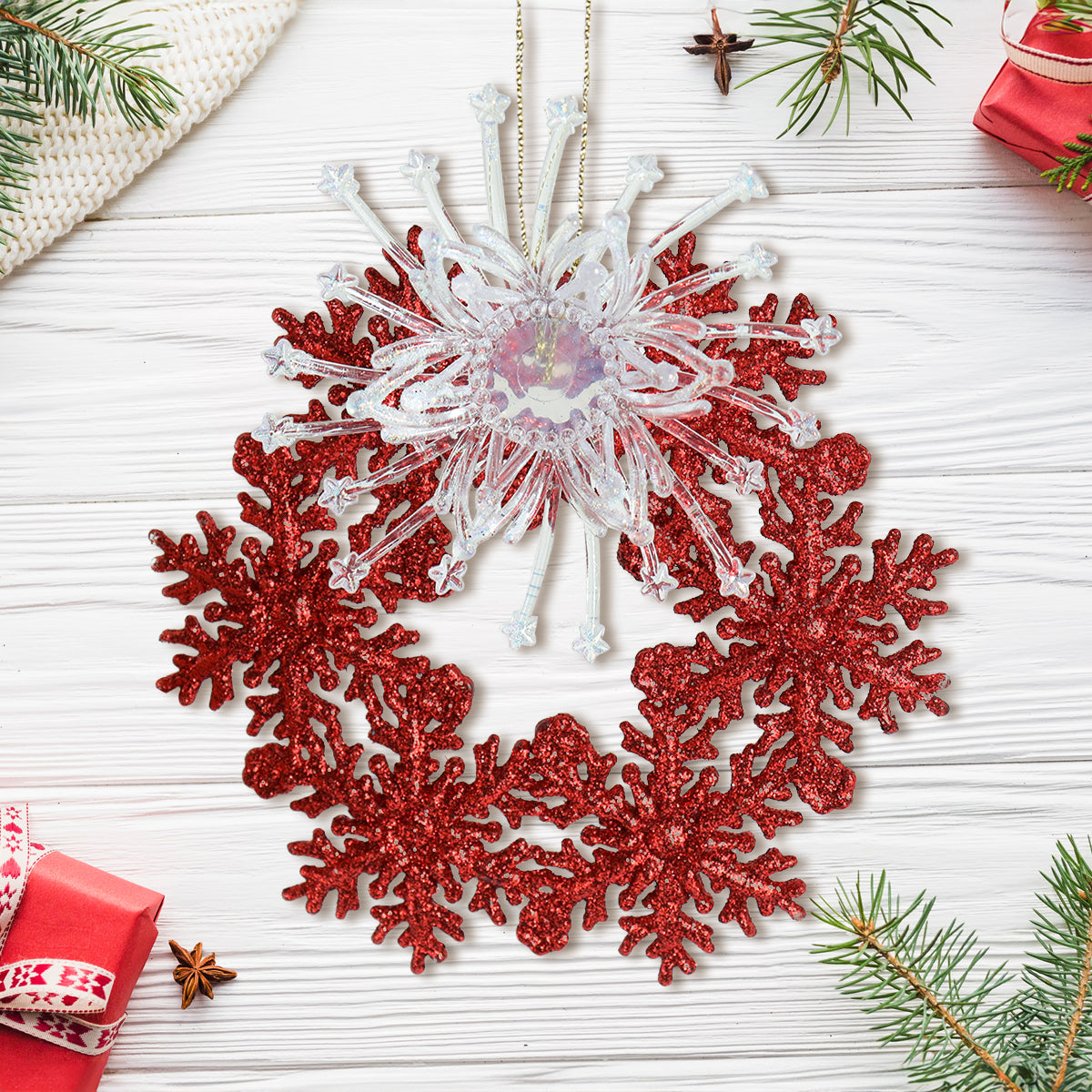 Copo de Nieve con Glitter y Adorno Plástico, Color Rojo