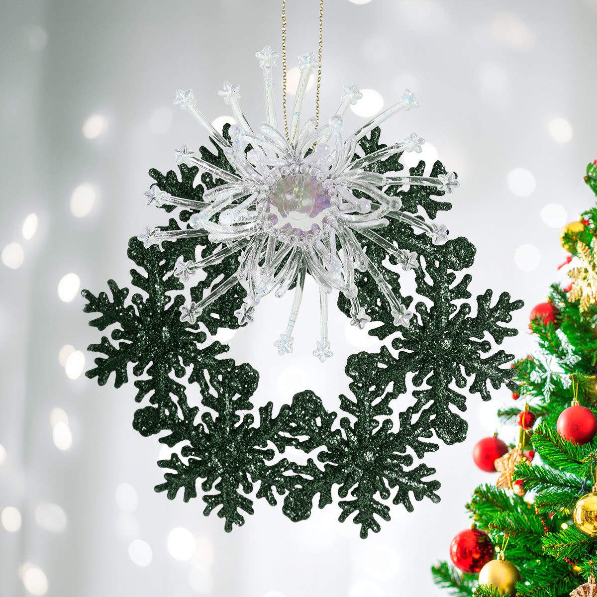 Copo de Nieve con Glitter y Adorno Plástico, Color Verde