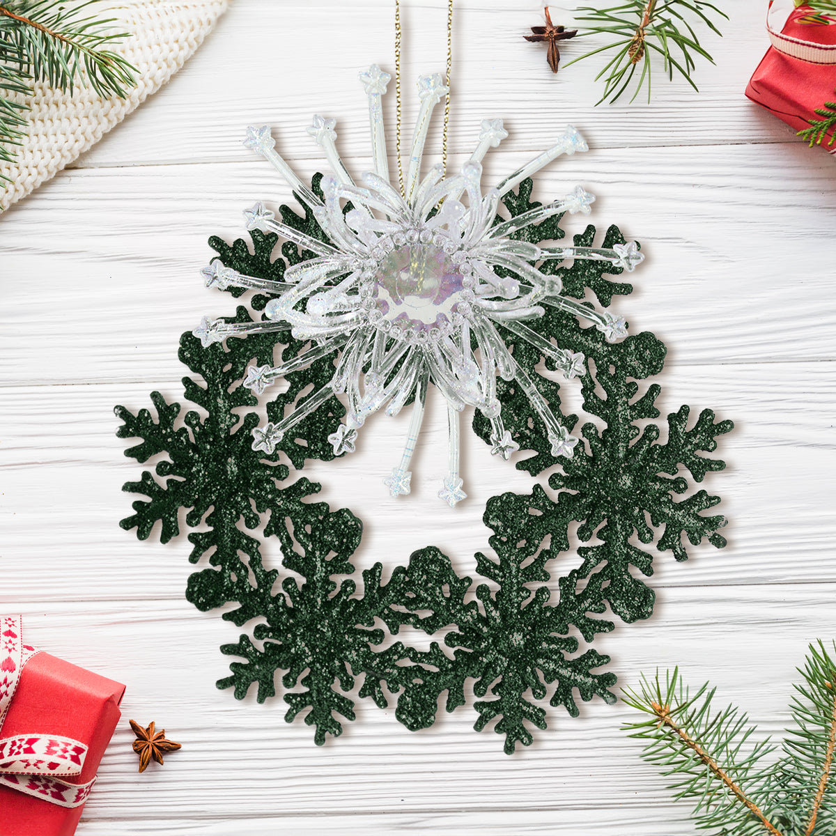 Copo de Nieve con Glitter y Adorno Plástico, Color Verde