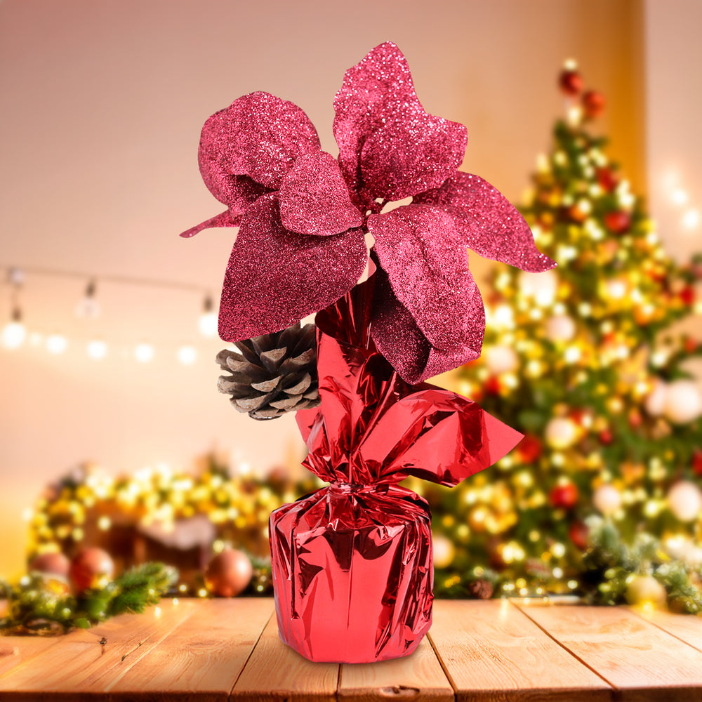 Maceta con Nochebuena Artificial, Glitter, Color Vino, 25 cm