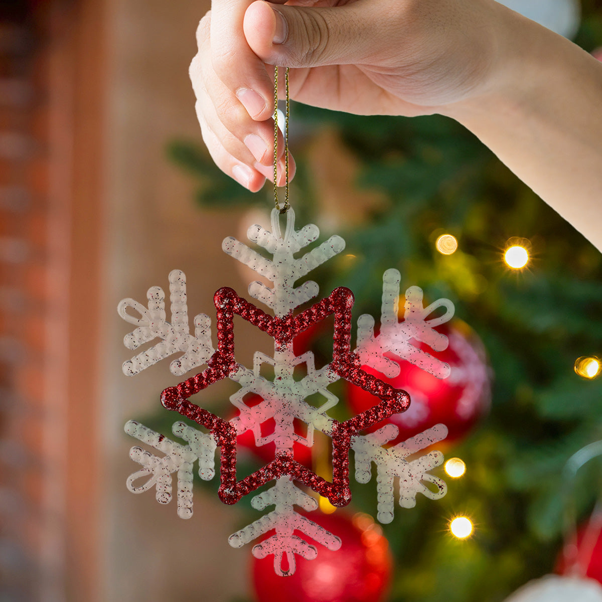 Copo de Nieve, Plástico y Glitter, Color Rojo