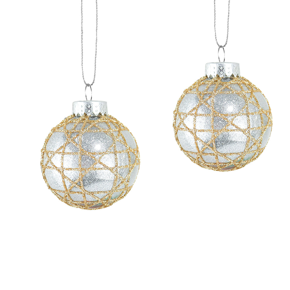 Esferas Navideñas Plata con Diseño en Glitter, 2 pzas