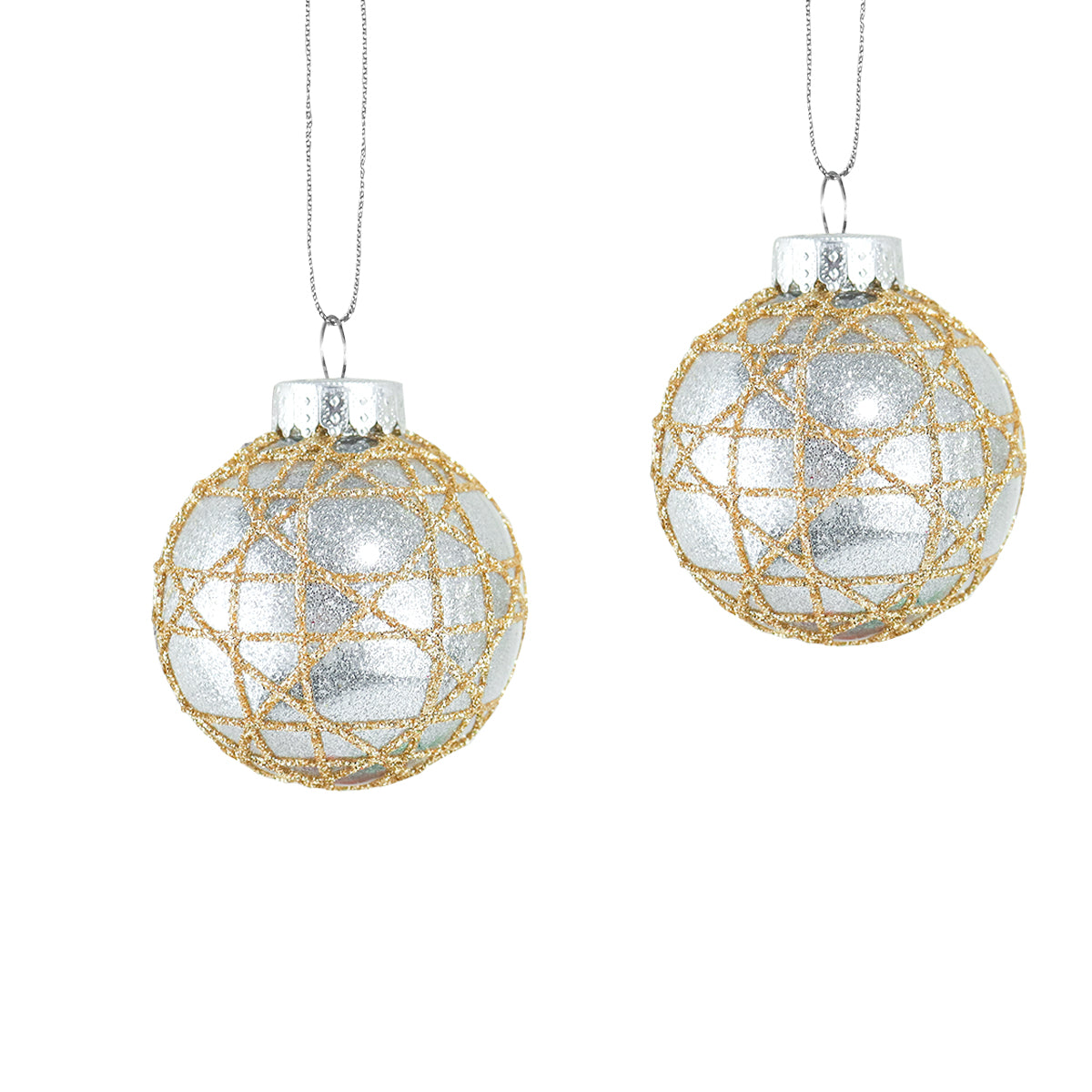 Esferas Navideñas Plata con Diseño en Glitter, 2 pzas