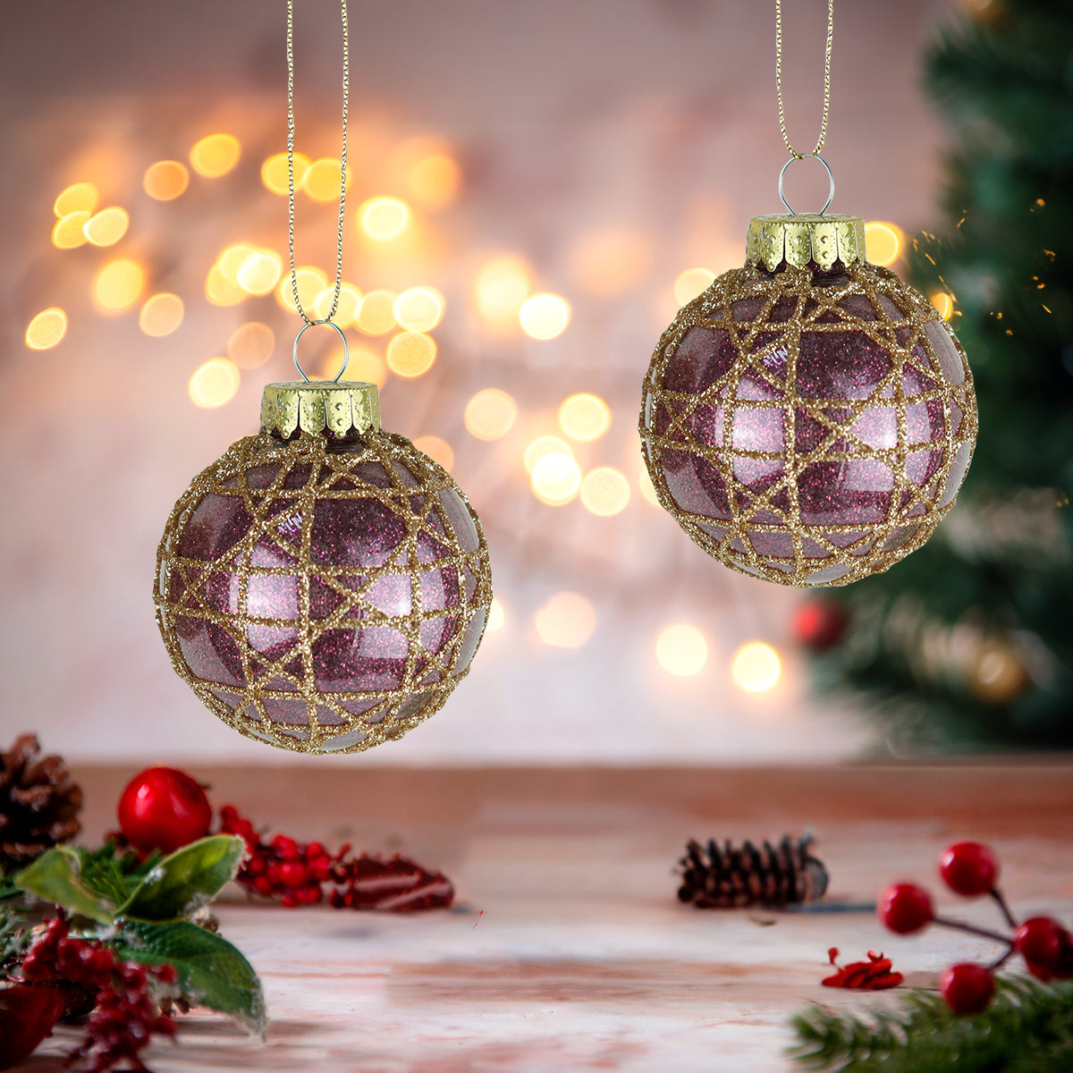 Esferas Navideñas con Diseño en Glitter, 2 pzas