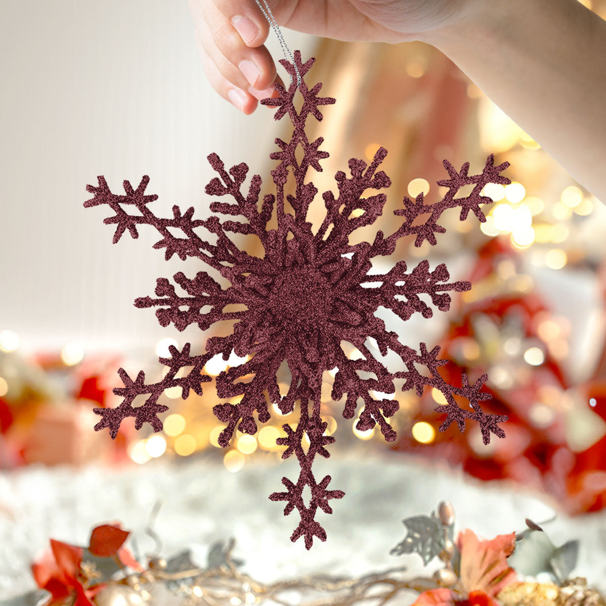 Copo de Nieve, Ornamento Navideño con Glitter, Color Vino