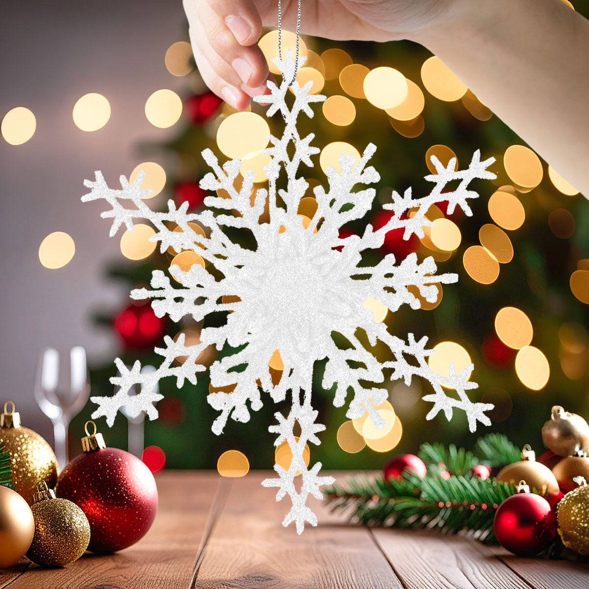 Copo de Nieve, Ornamento Navideño con Glitter, Color Blanco