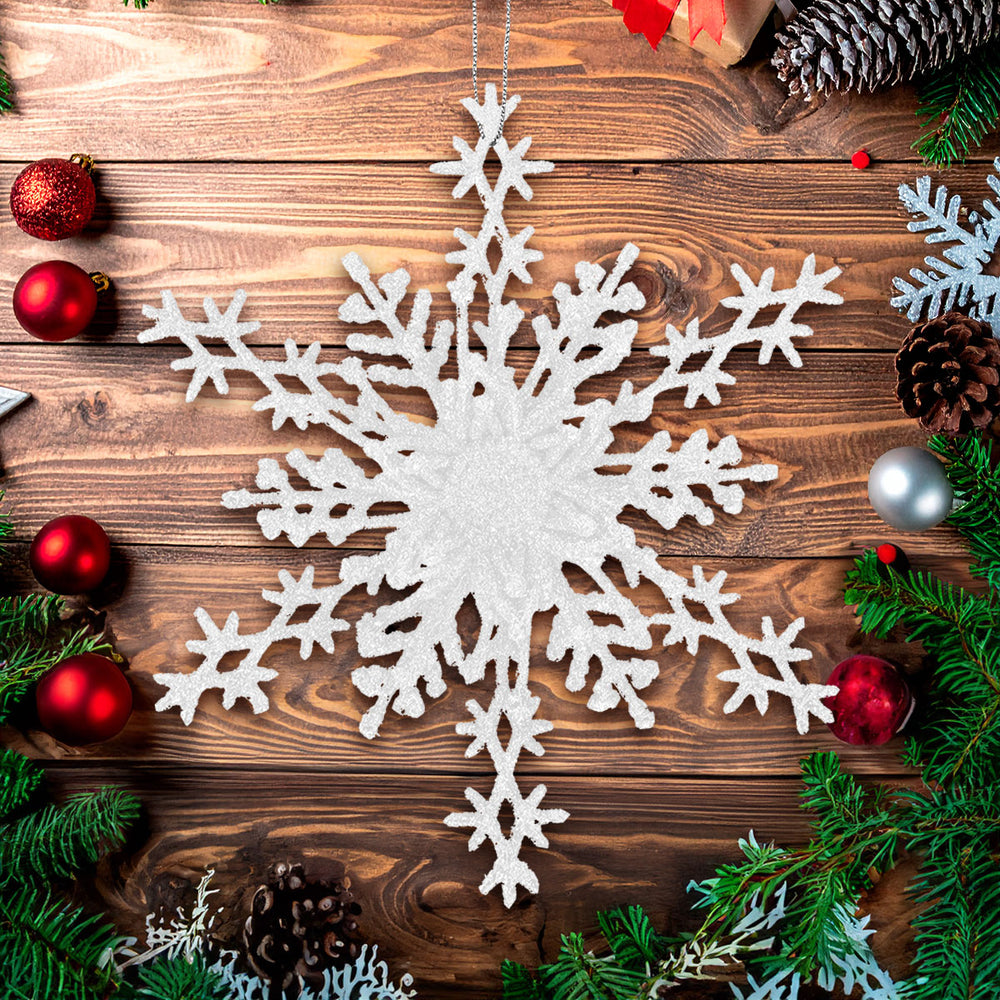 Copo de Nieve, Ornamento Navideño con Glitter, Color Blanco