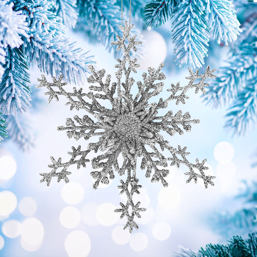 Copo de Nieve, Ornamento Navideño con Glitter, Color Plata