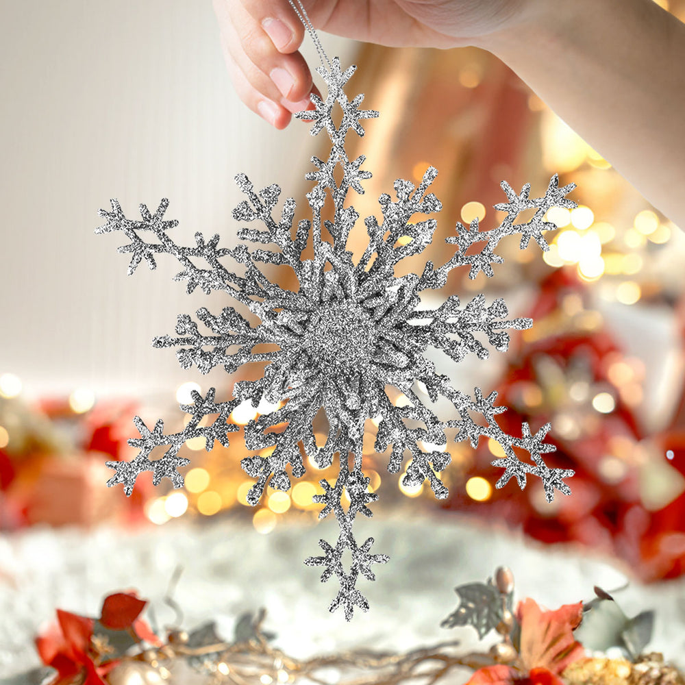 Copo de Nieve, Ornamento Navideño con Glitter, Color Plata