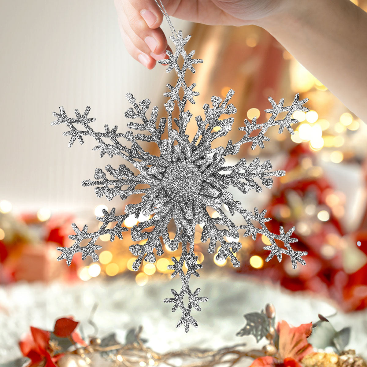 Copo de Nieve, Ornamento Navideño con Glitter, Color Plata