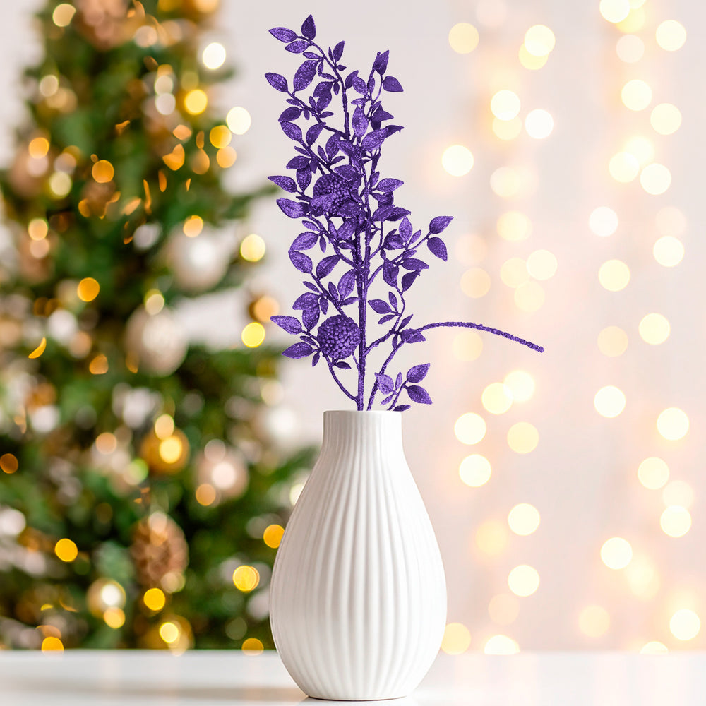 Vara de Follaje Artificial, Glitter, Color Morado