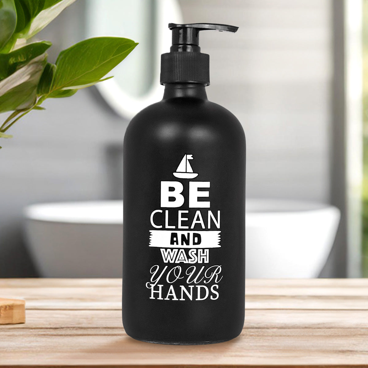 Jabonera de Cristal "Be Clean and Wash your Hands", Color Negro, 500 ml