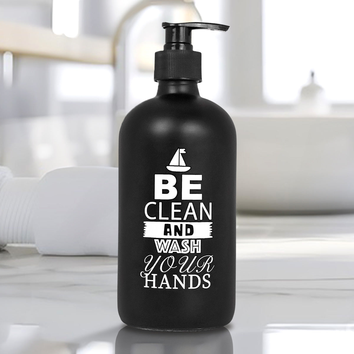 Jabonera de Cristal "Be Clean and Wash your Hands", Color Negro, 500 ml