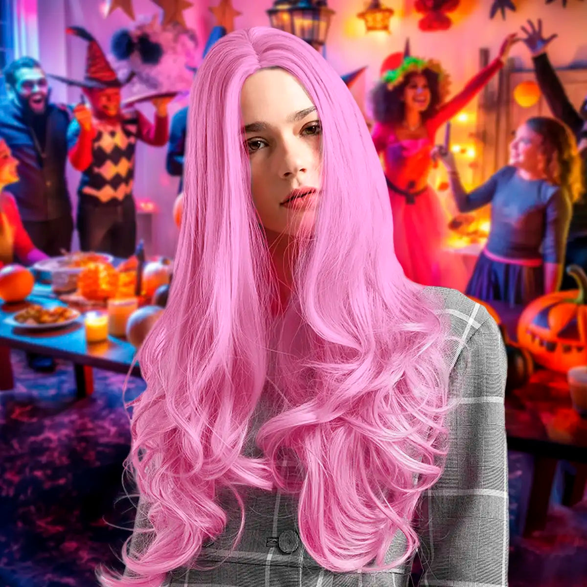 Peluca Larga Lacia, Disfraz, Color Rosa