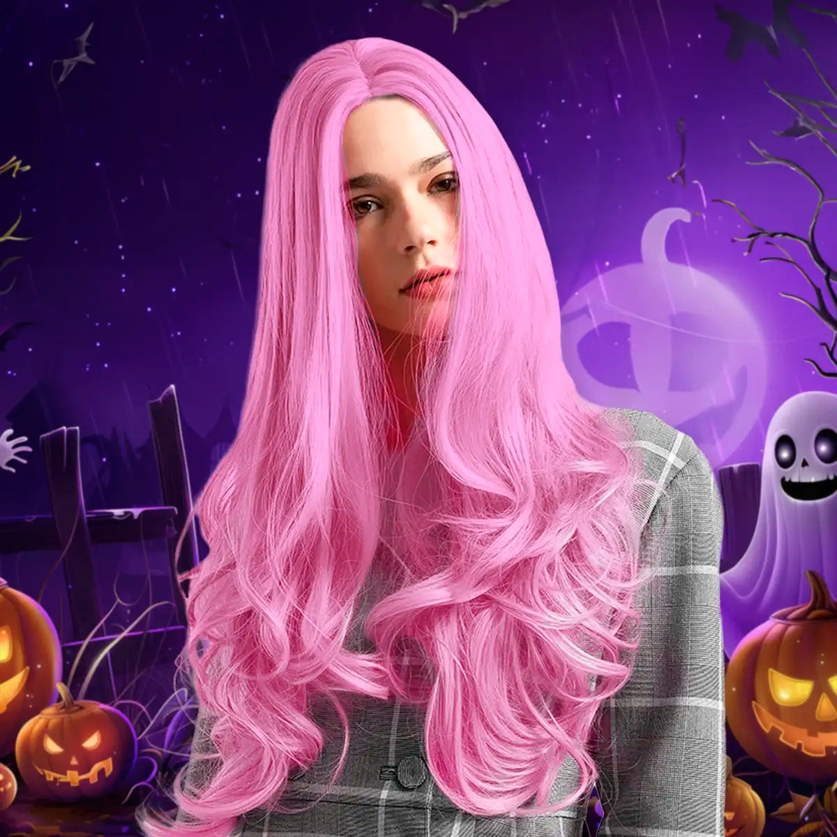 Peluca Larga Lacia, Disfraz, Color Rosa