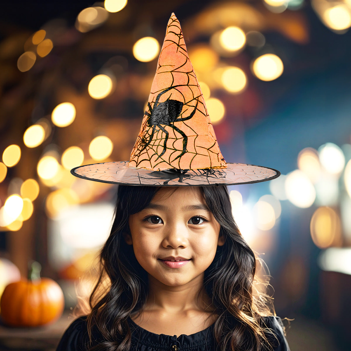 Sombrero de Bruja, Disfraz, Diseño Telaraña, Color Naranja