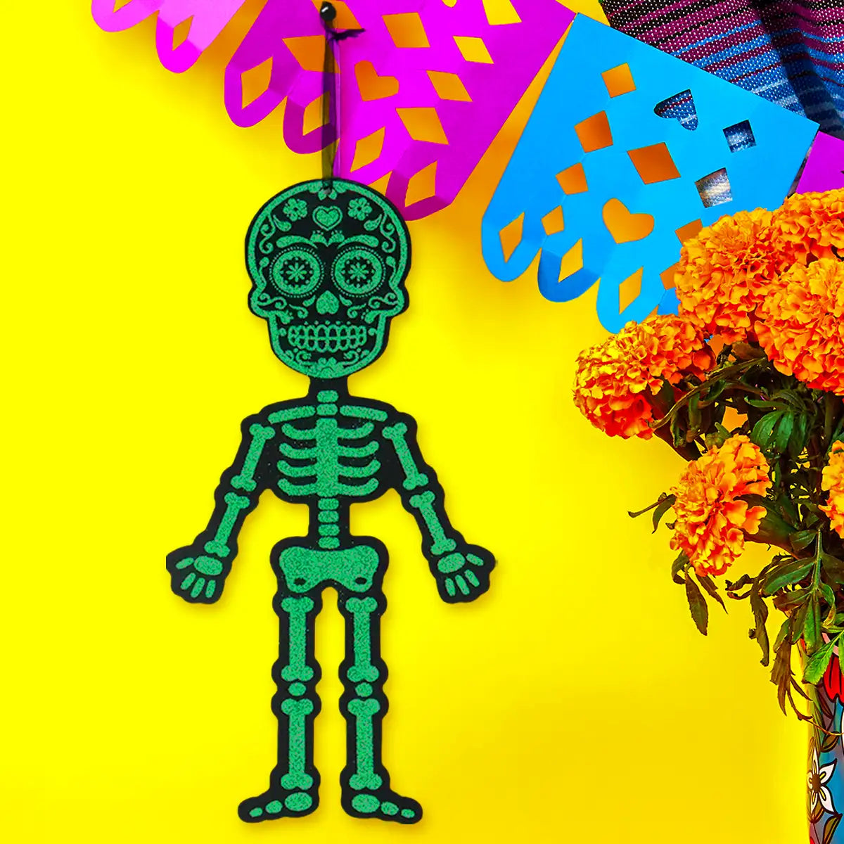 Esqueleto, Decoración Colgante con Glitter, Color Verde