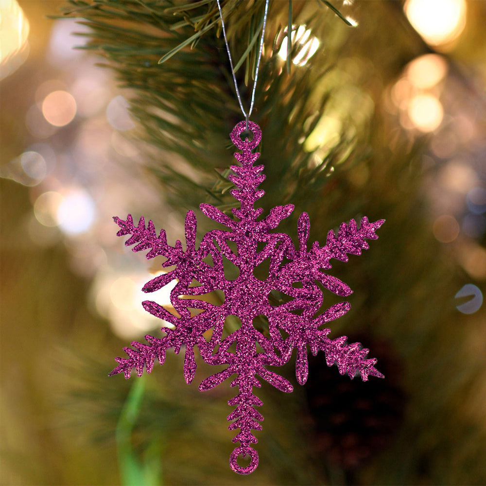 Copos de Nieve con Diamantina color Fiusha, 5 piezas.