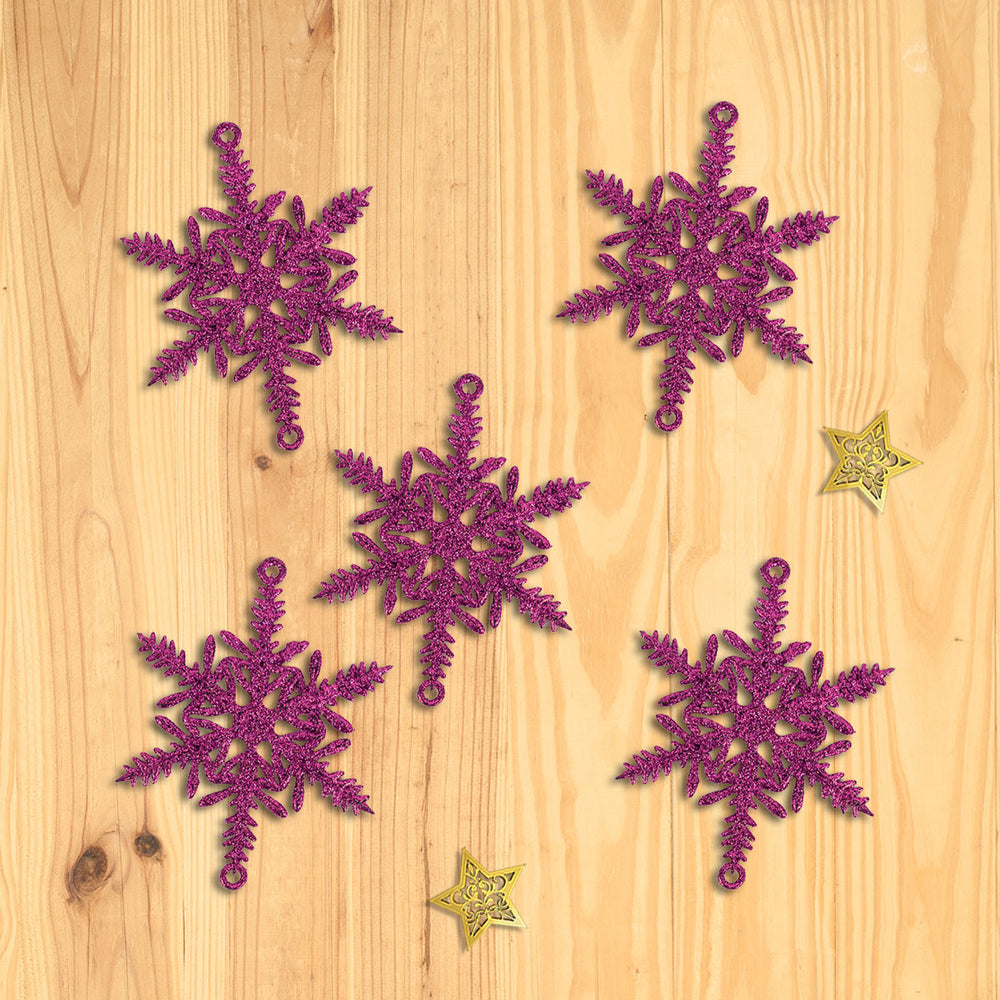 Copos de Nieve con Diamantina color Fiusha, 5 piezas.
