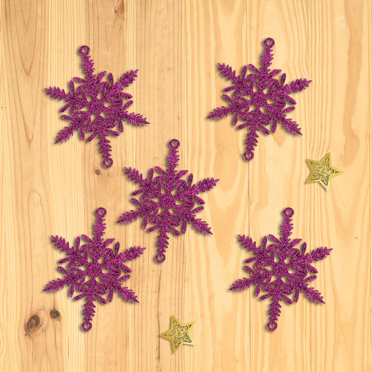 Copos de Nieve con Diamantina color Fiusha, 5 piezas.
