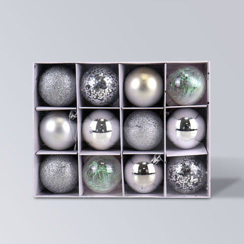 Set Variado de Esferas Navideñas Color Plateado, 12 piezas.