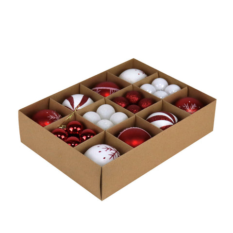 Set Variado de Esferas Navideñas Color Rojo con Blanco, 40 piezas.