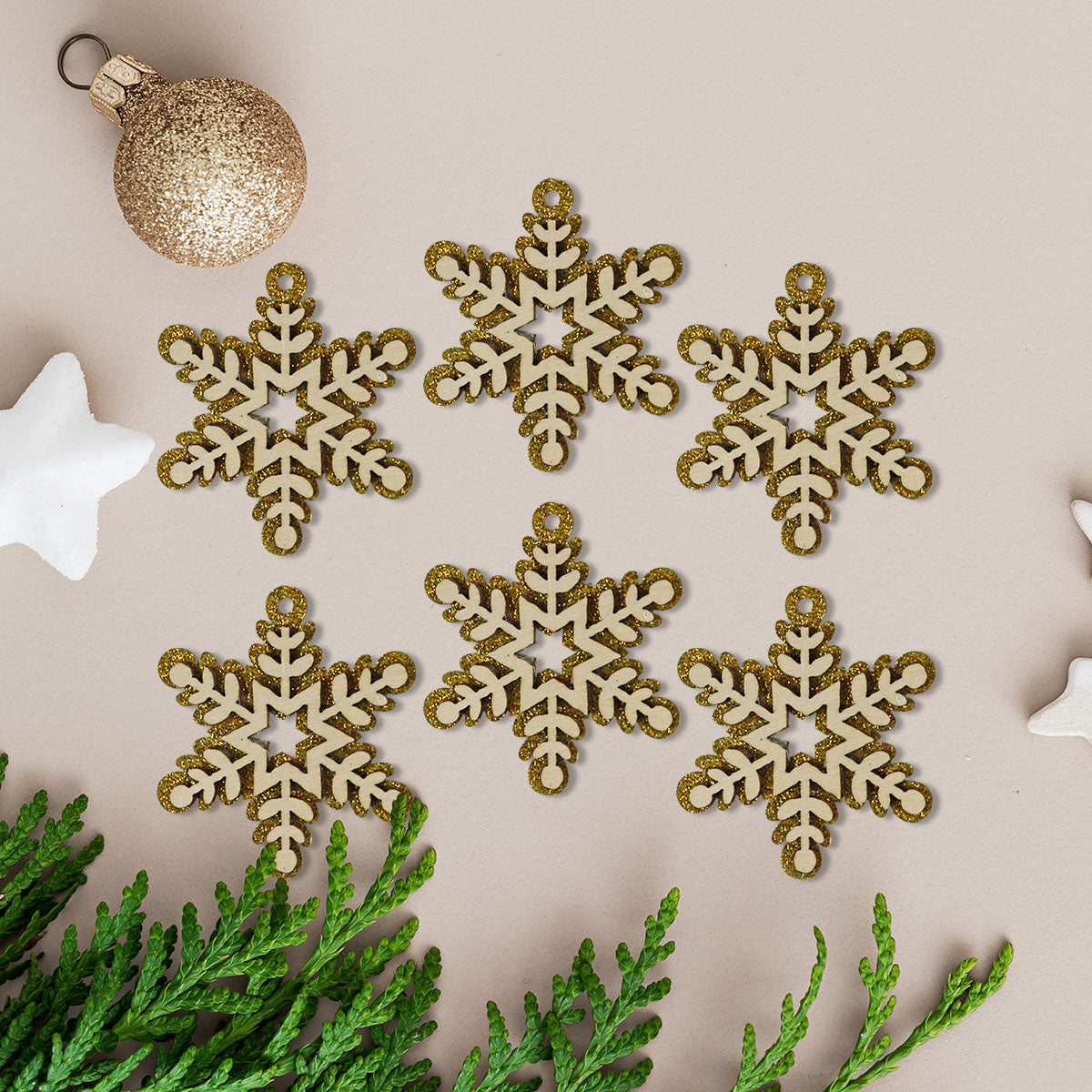 Mini Copos de Nieve, Glitter, 6 pzas, Color Dorado