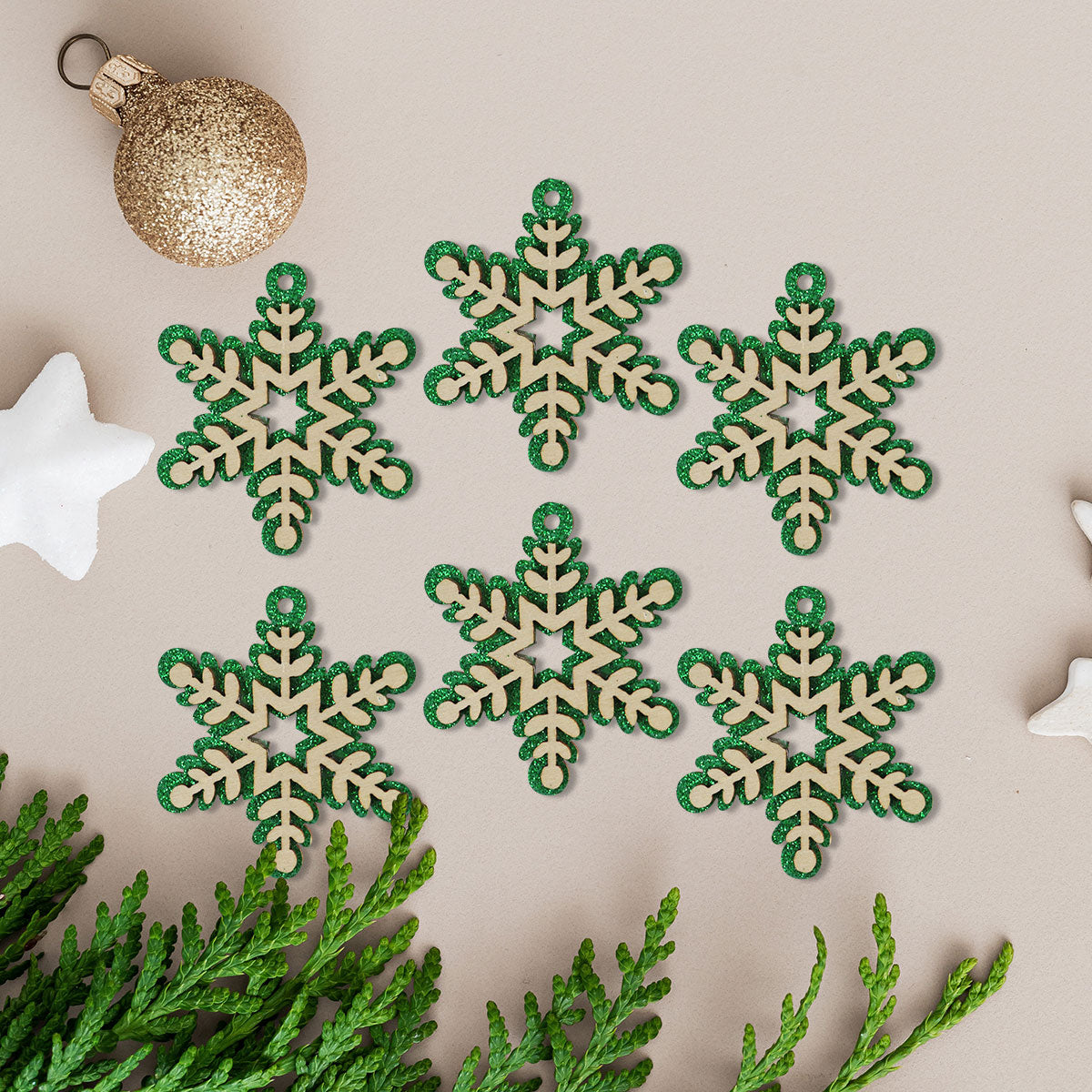 Mini Copos de Nieve, Glitter, 6 pzas, Color Verde
