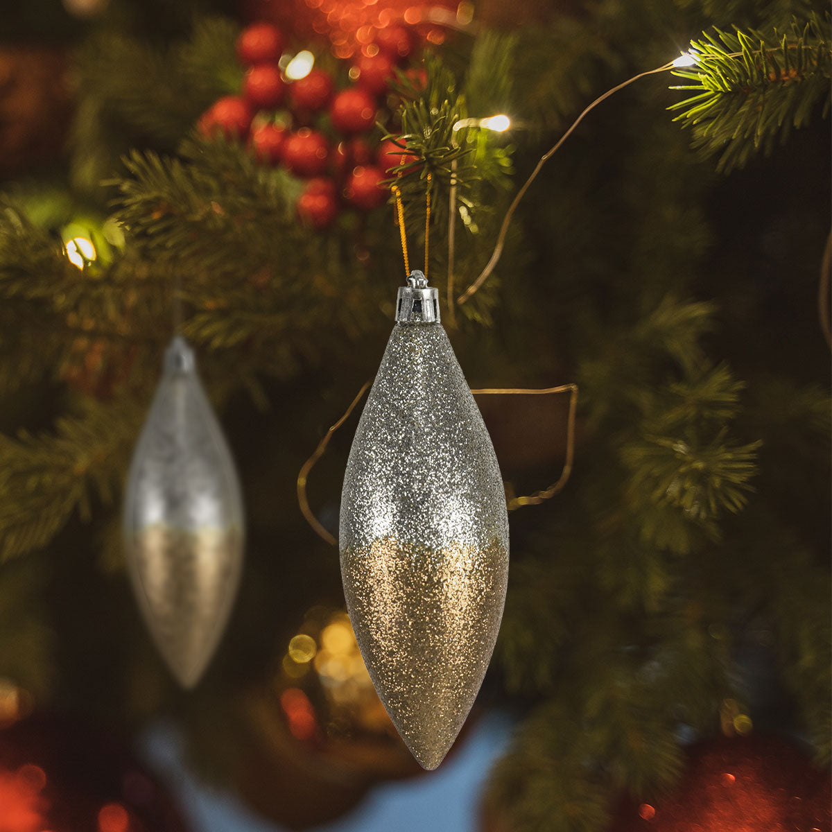 Esferas Bicolor Glitter Alargadas, Color Dorado y Negro, 2 pzas